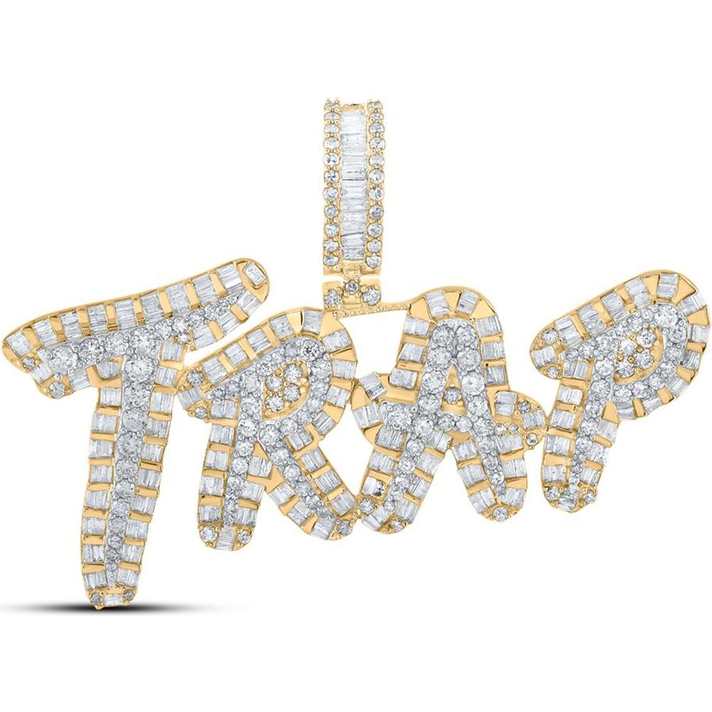 14K Two-Tone Gold Baguette Diamond Trap Charm Pendant - 3.38 Carat Total Diamond Weight