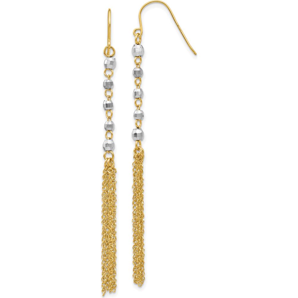 14K Two-Tone Gold Bead Tassel Drop Earrings with Diamond-Cut Texture - 70mm Length by 0