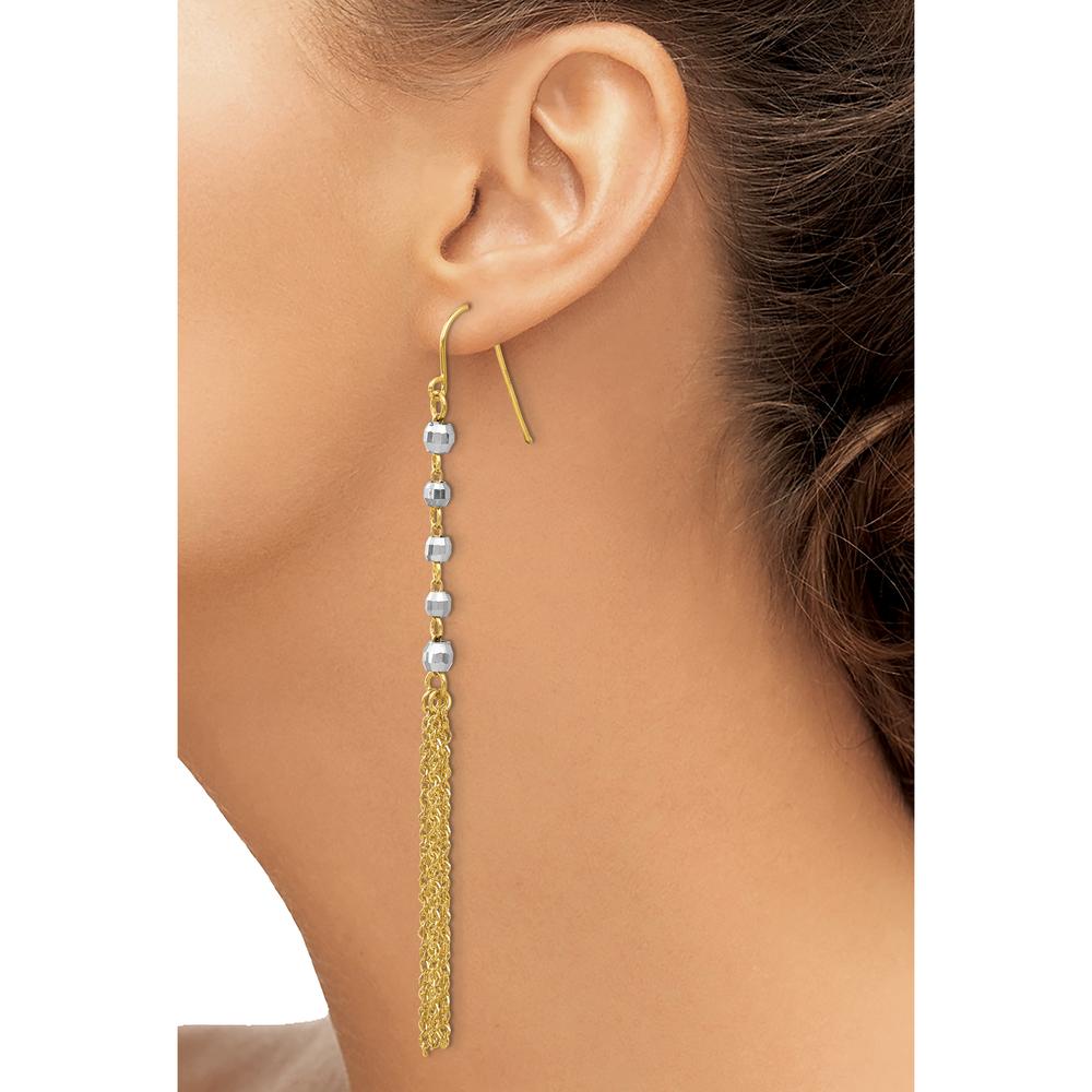 14K Two-Tone Gold Bead Tassel Drop Earrings with Diamond-Cut Texture - 70mm Length by 0