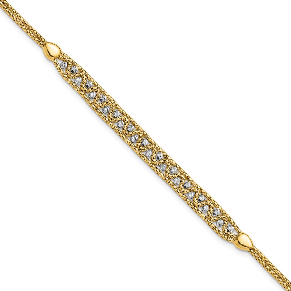 14K Two-Tone Gold Beaded Bracelet with Diamond-Cut Texture and Lobster Clasp - 7.5" Length by 0