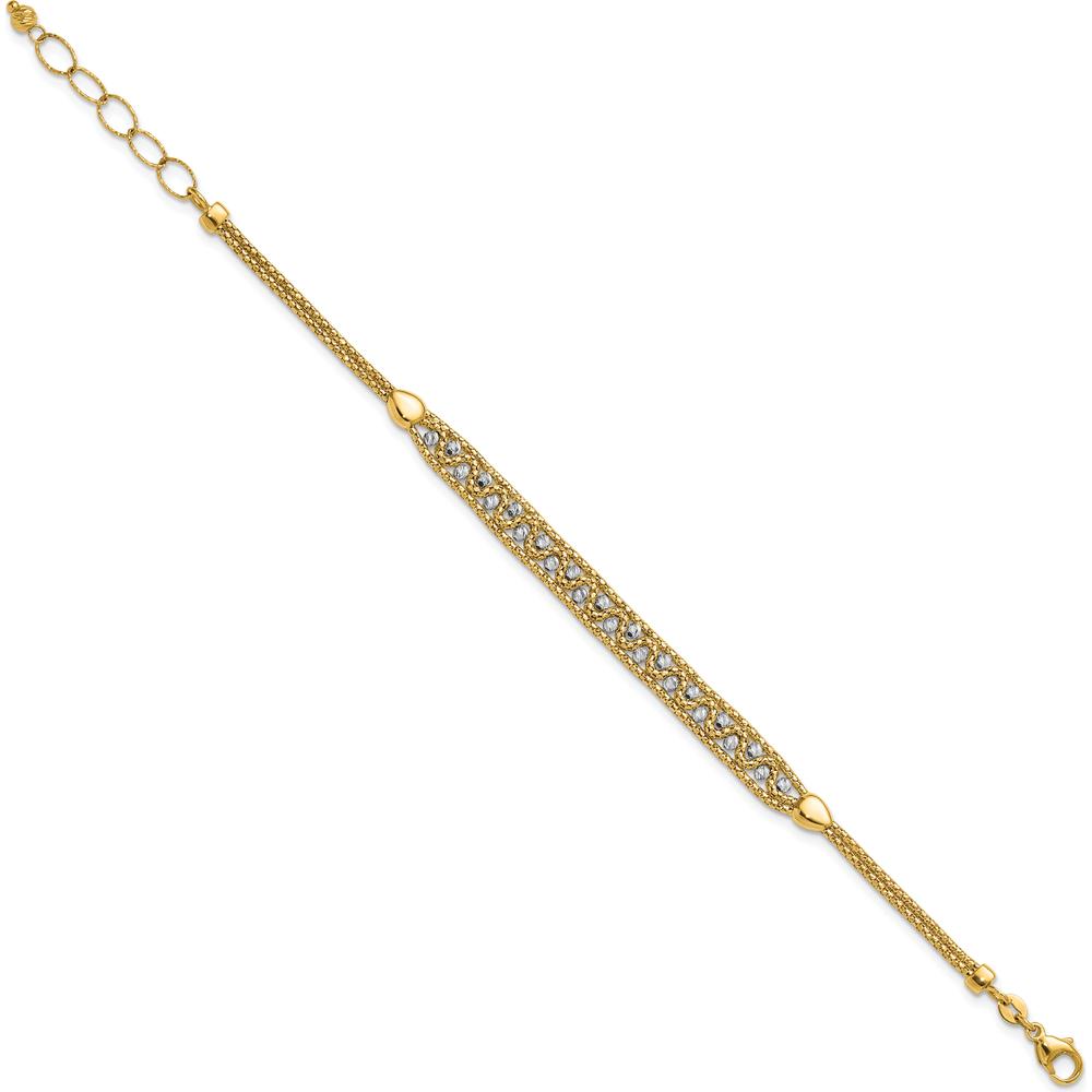 14K Two-Tone Gold Beaded Bracelet with Diamond-Cut Texture and Lobster Clasp - 7.5" Length by 0