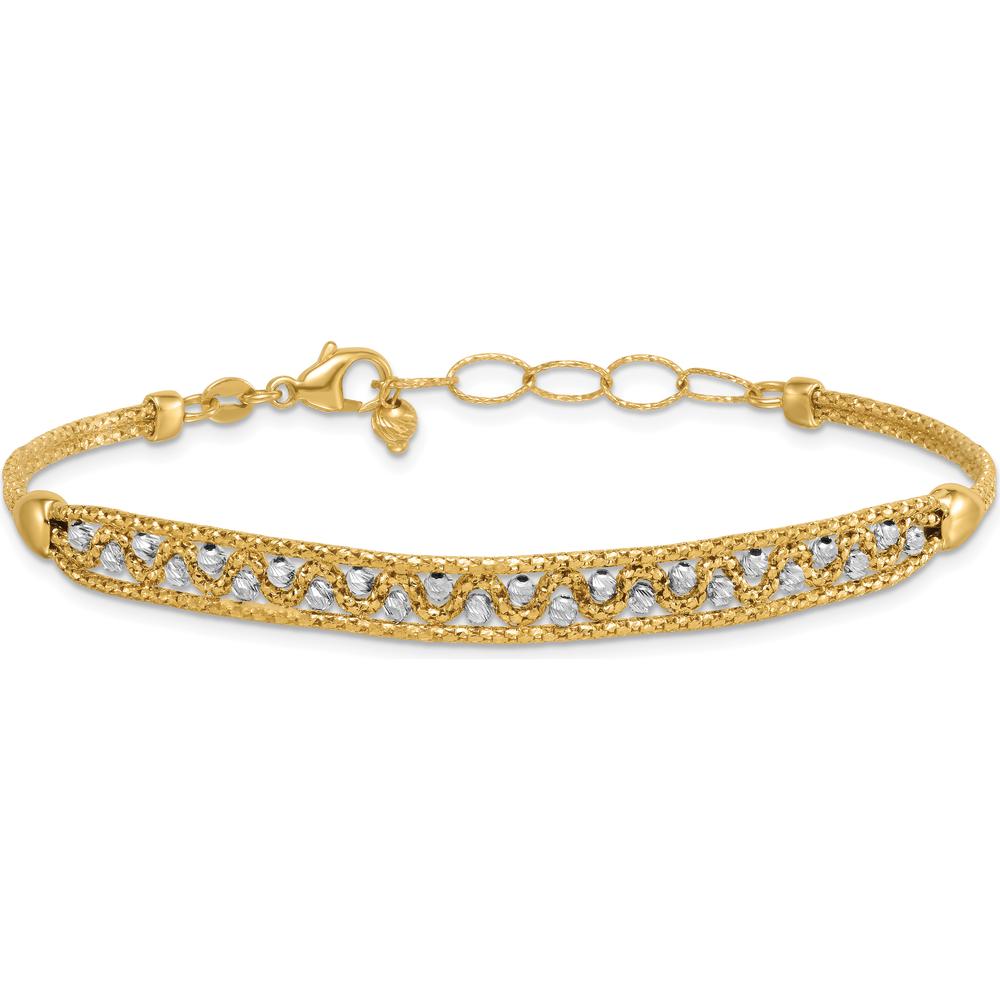 14K Two-Tone Gold Beaded Bracelet with Diamond-Cut Texture and Lobster Clasp - 7.5" Length by 0