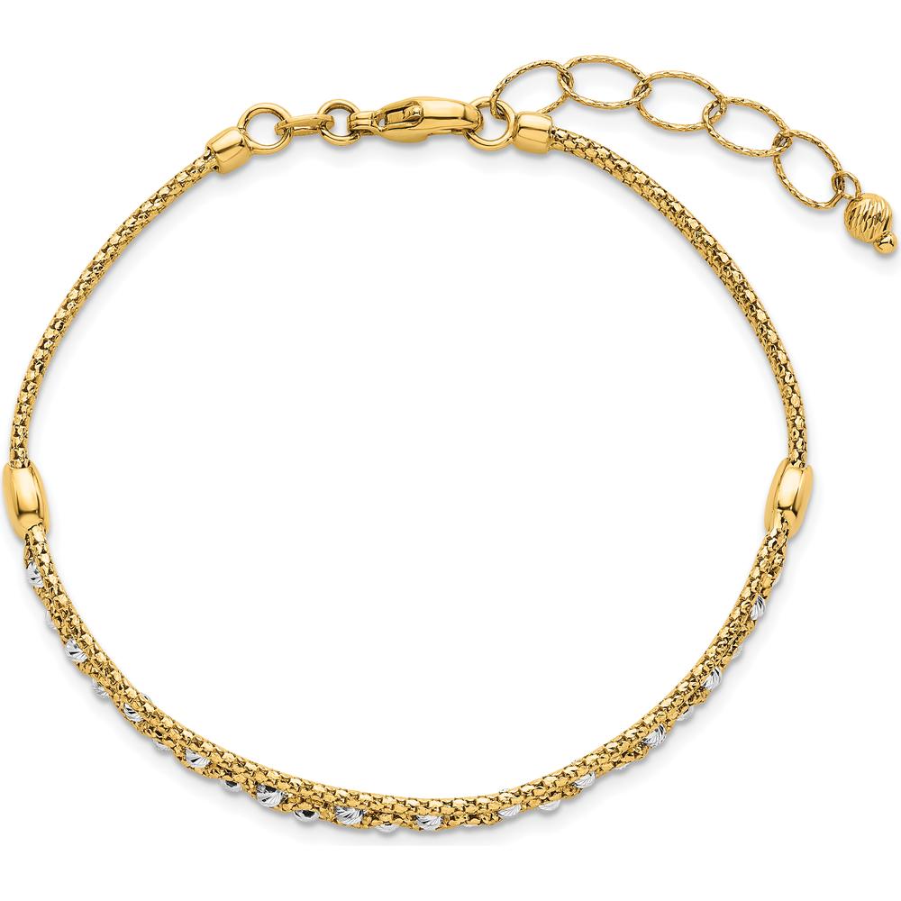 14K Two-Tone Gold Beaded Bracelet with Diamond-Cut Texture and Lobster Clasp - 7.5" Length by 0