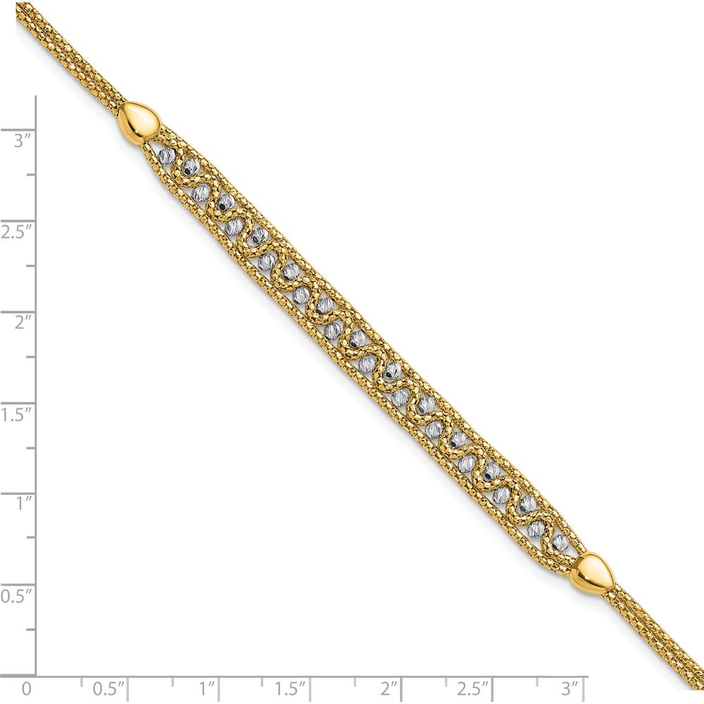 14K Two-Tone Gold Beaded Bracelet with Diamond-Cut Texture and Lobster Clasp - 7.5" Length by 0