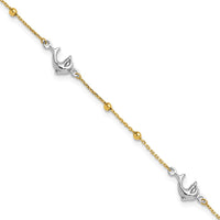 14K Two-Tone Gold Beads and Dolphin Anklet with 1" Extender - 10" Total Length