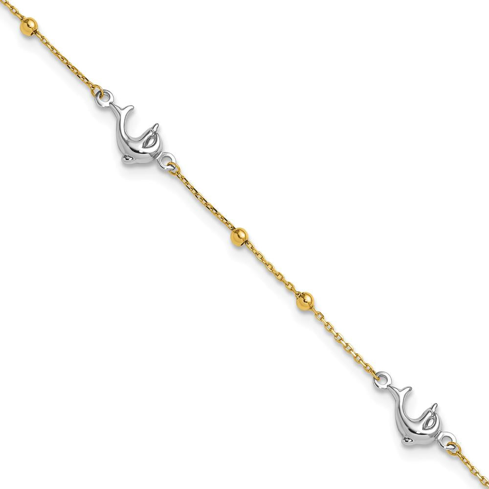 14K Two-Tone Gold Beads and Dolphin Anklet with 1" Extender - 10" Total Length