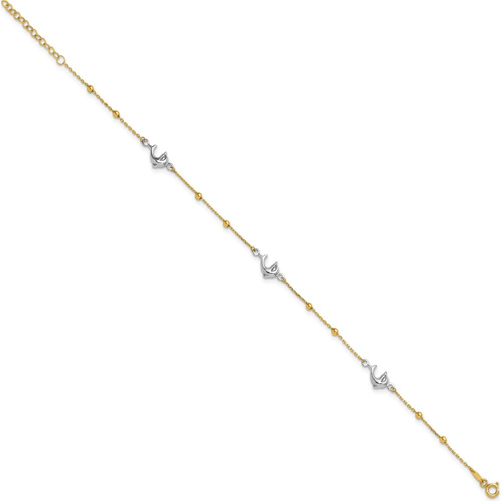 14K Two-Tone Gold Beads and Dolphin Anklet with 1" Extender - 10" Total Length