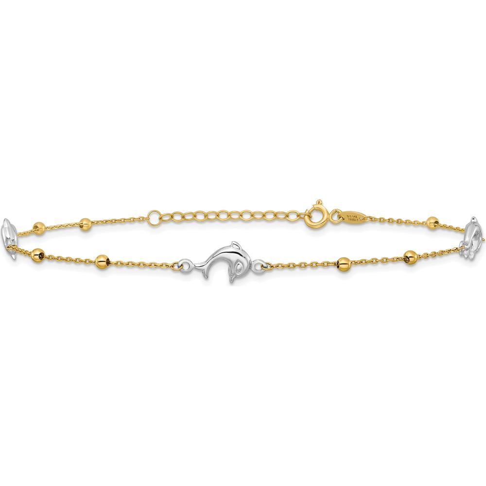 14K Two-Tone Gold Beads and Dolphin Anklet with 1" Extender - 10" Total Length