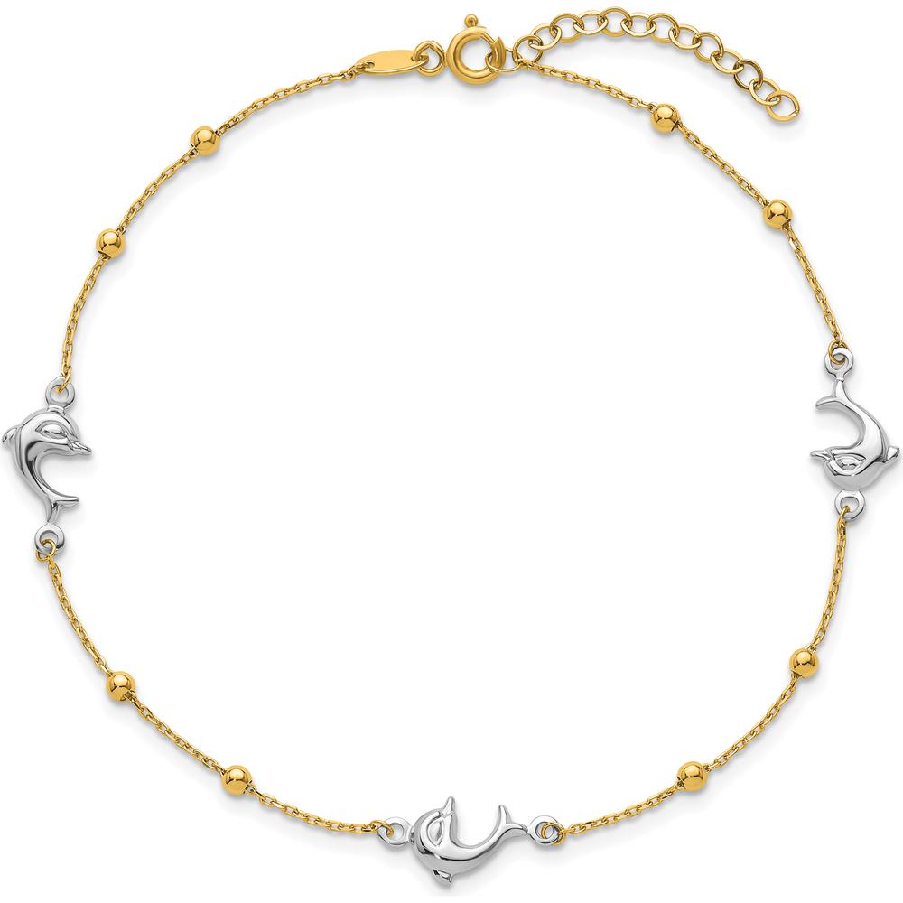 14K Two-Tone Gold Beads and Dolphin Anklet with 1" Extender - 10" Total Length