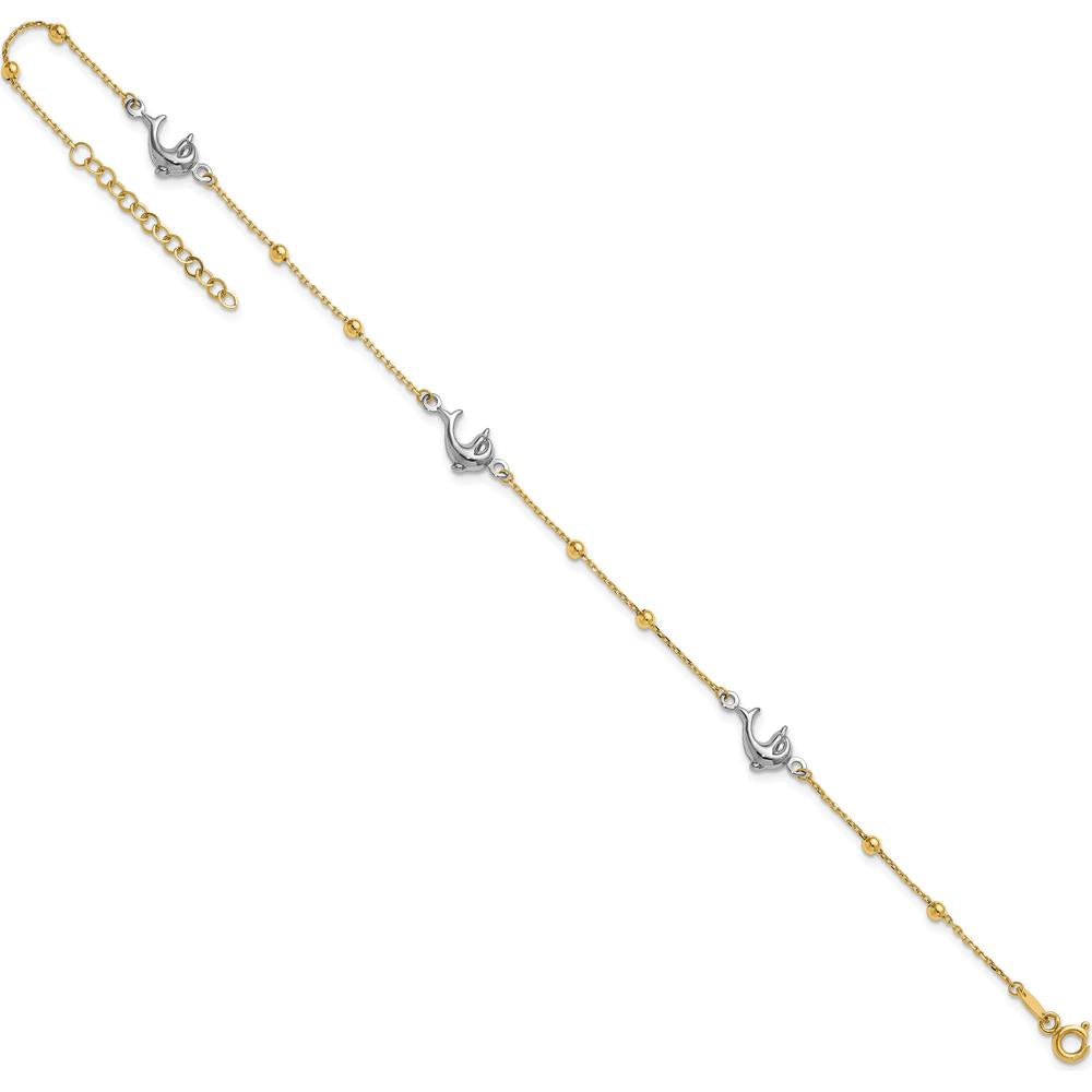 14K Two-Tone Gold Beads and Dolphin Anklet with 1" Extender - 10" Total Length
