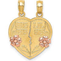 14K Two-Tone Gold BIG SIS-LIL SIS Break-Apart Heart Pendant with Rose Gold Flowers by Oro Pregiato