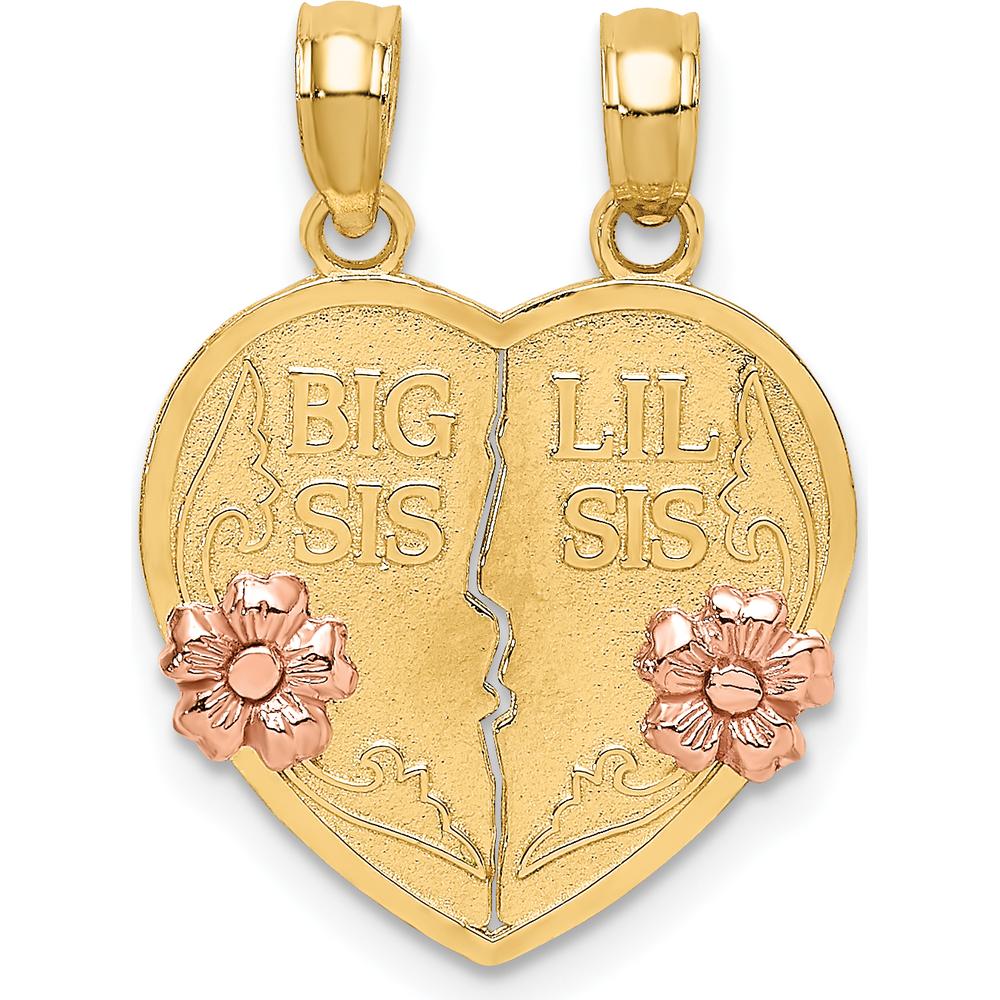 14K Two-Tone Gold BIG SIS-LIL SIS Break-Apart Heart Pendant with Rose Gold Flowers by Oro Pregiato