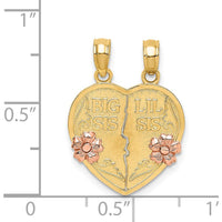 14K Two-Tone Gold BIG SIS-LIL SIS Break-Apart Heart Pendant with Rose Gold Flowers by Oro Pregiato