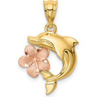 14K Two-Tone Gold Brushed and Polished Diamond-Cut Plumeria Dolphin Pendant - 22mm by Oro Pregiato