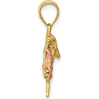 14K Two-Tone Gold Brushed and Polished Diamond-Cut Plumeria Dolphin Pendant - 22mm by Oro Pregiato