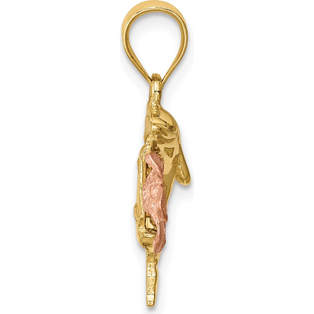 14K Two-Tone Gold Brushed and Polished Diamond-Cut Plumeria Dolphin Pendant - 22mm by Oro Pregiato