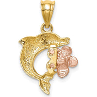 14K Two-Tone Gold Brushed and Polished Diamond-Cut Plumeria Dolphin Pendant - 22mm by Oro Pregiato
