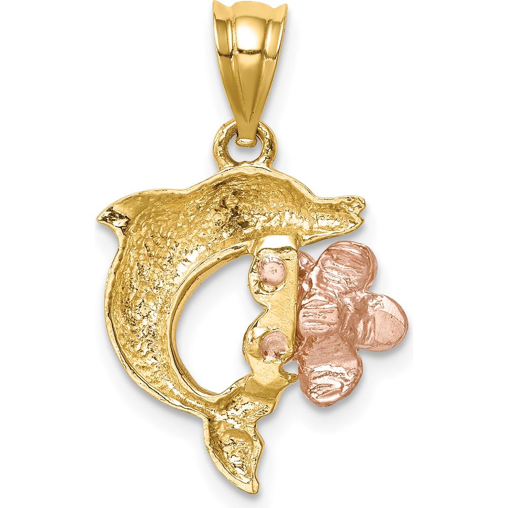 14K Two-Tone Gold Brushed and Polished Diamond-Cut Plumeria Dolphin Pendant - 22mm by Oro Pregiato