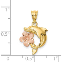 14K Two-Tone Gold Brushed and Polished Diamond-Cut Plumeria Dolphin Pendant - 22mm by Oro Pregiato