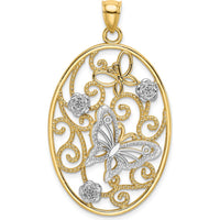 14K Two-Tone Gold Butterfly and Floral Charm Pendant with Rhodium Accents - 40mm Length by Oro Pregiato
