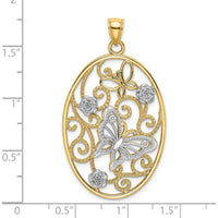 14K Two-Tone Gold Butterfly and Floral Charm Pendant with Rhodium Accents - 40mm Length by Oro Pregiato