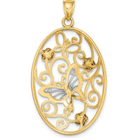 14K Two-Tone Gold Butterfly and Floral Charm Pendant with Rhodium Accents - 40mm Length by Oro Pregiato