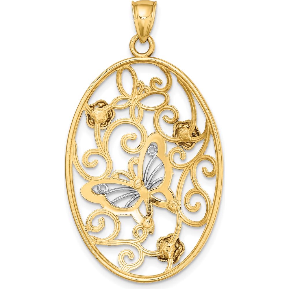 14K Two-Tone Gold Butterfly and Floral Charm Pendant with Rhodium Accents - 40mm Length by Oro Pregiato