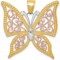 14K Two-Tone Gold Butterfly Pendant with Diamond-Cut Design - 34mm Length, 33mm Width by Oro Pregiato