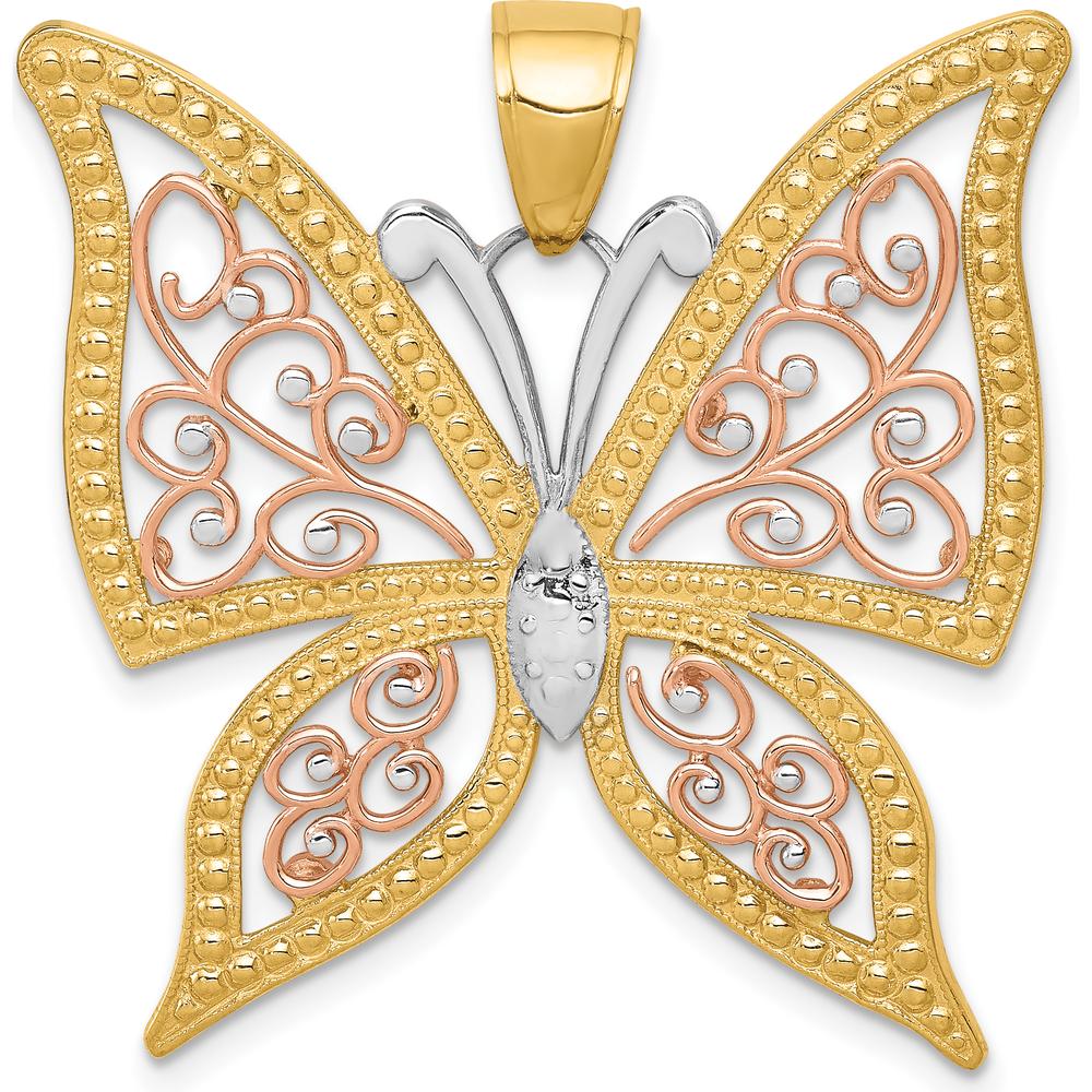 14K Two-Tone Gold Butterfly Pendant with Diamond-Cut Design - 34mm Length, 33mm Width by Oro Pregiato