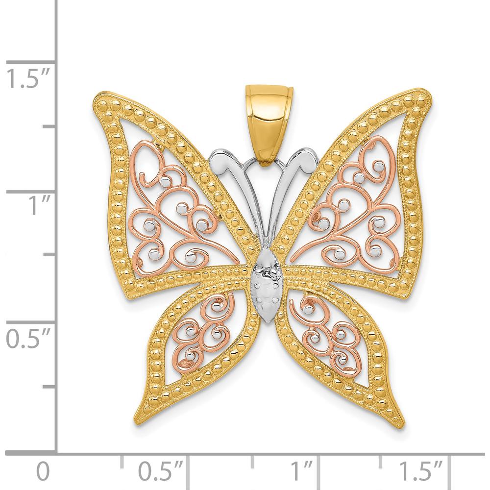 14K Two-Tone Gold Butterfly Pendant with Diamond-Cut Design - 34mm Length, 33mm Width by Oro Pregiato