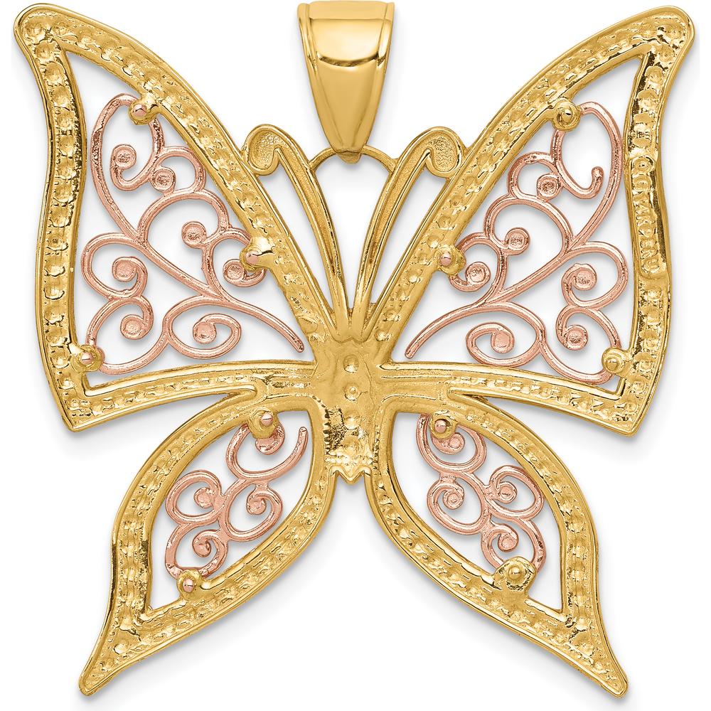 14K Two-Tone Gold Butterfly Pendant with Diamond-Cut Design - 34mm Length, 33mm Width by Oro Pregiato