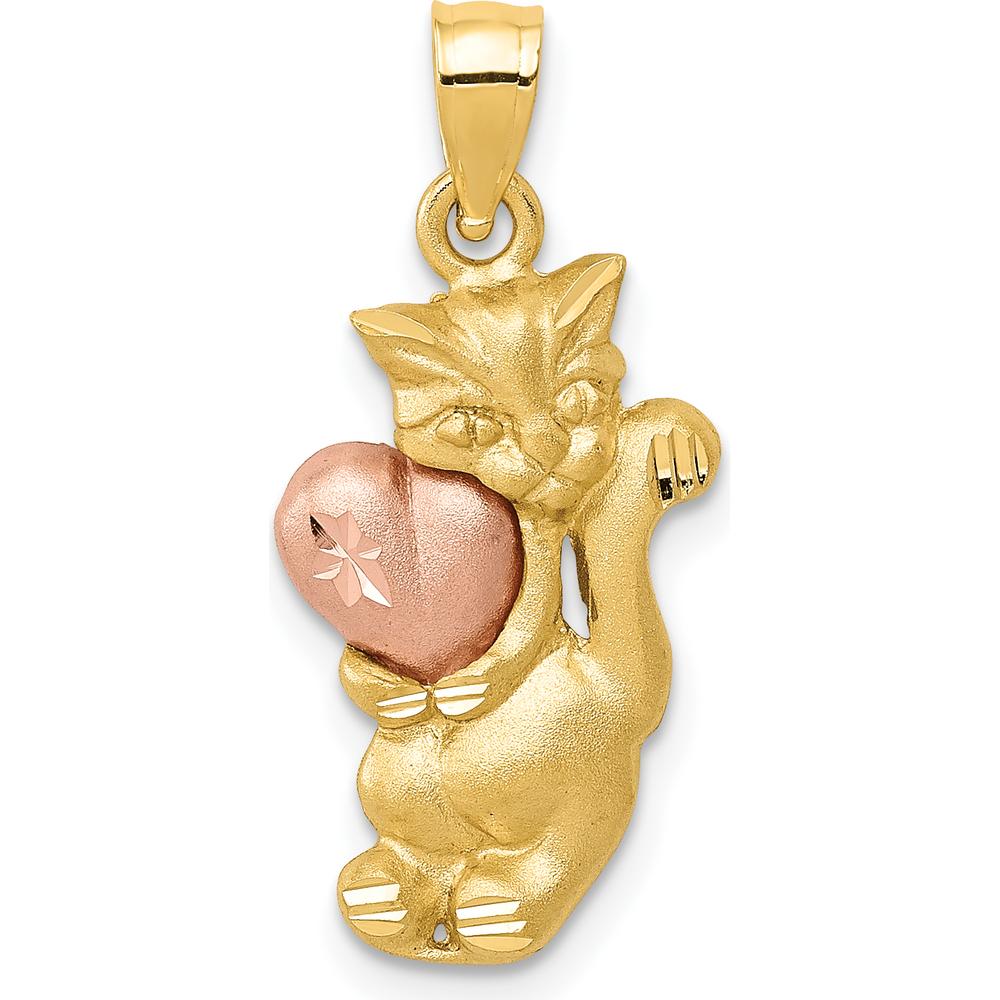 14K Two-Tone Gold Cat with Rose Gold Heart Pendant - Playful Charm Design by Oro Pregiato