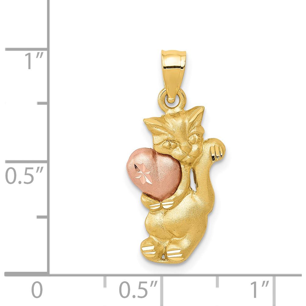 14K Two-Tone Gold Cat with Rose Gold Heart Pendant - Playful Charm Design by Oro Pregiato