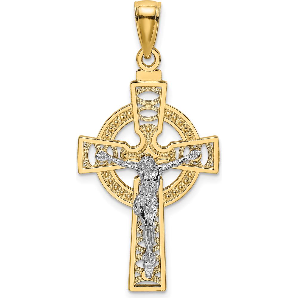 14K Two-Tone Gold Celtic Cross with Eternity Circle Charm Pendant - Polished Finish by Oro Pregiato
