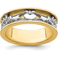 14K Two-Tone Gold Claddagh Band with Textured Pattern - 6.7mm Wide by 0