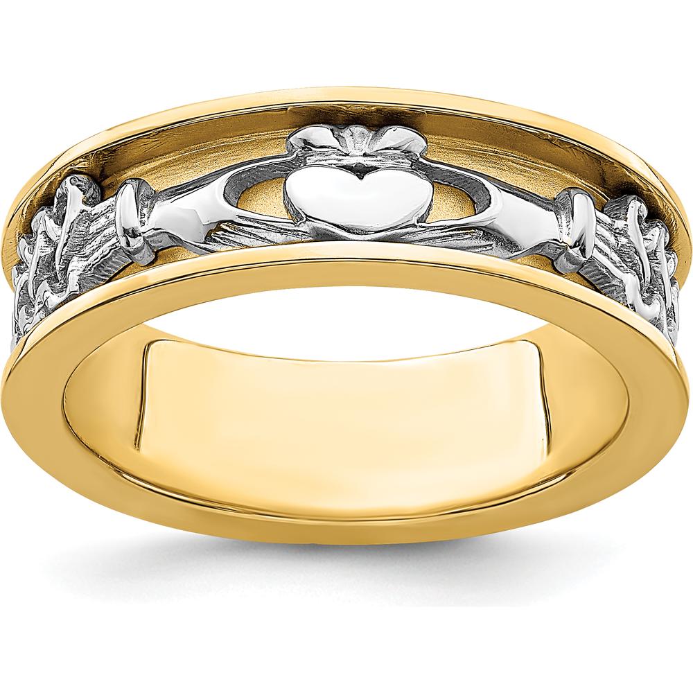 14K Two-Tone Gold Claddagh Band with Textured Pattern - 6.7mm Wide by 0