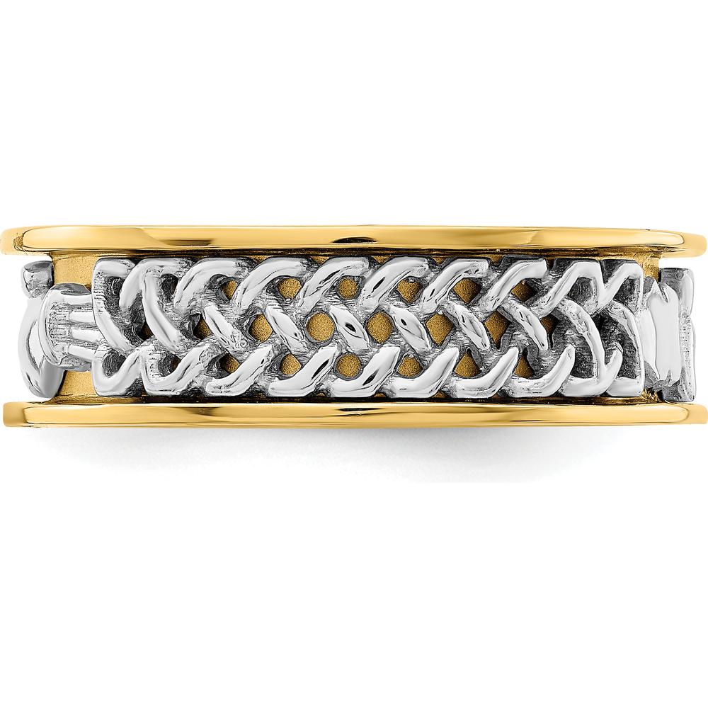 14K Two-Tone Gold Claddagh Band with Textured Pattern - 6.7mm Wide by 0
