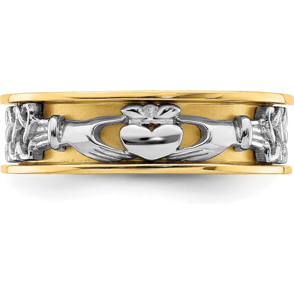 14K Two-Tone Gold Claddagh Band with Textured Pattern - 6.7mm Wide by 0