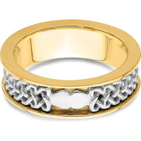 14K Two-Tone Gold Claddagh Band with Textured Pattern - 6.7mm Wide by 0