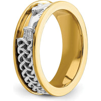 14K Two-Tone Gold Claddagh Band with Textured Pattern - 6.7mm Wide by 0