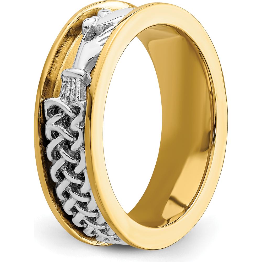 14K Two-Tone Gold Claddagh Band with Textured Pattern - 6.7mm Wide by 0