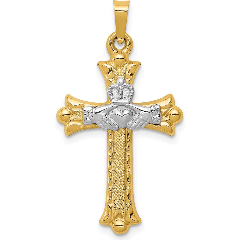 14K Two-Tone Gold Claddagh Cross Pendant - 34mm in Length by Oro Pregiato