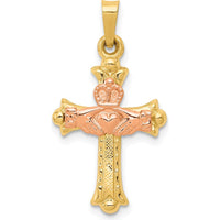14K Two-Tone Gold Claddagh Cross Pendant - Symbol of Love, Loyalty, and Friendship by Oro Pregiato