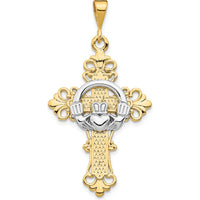14K Two-Tone Gold Claddagh Cross Pendant with Polished Finish and Textured Back - 47mm Length by Oro Pregiato