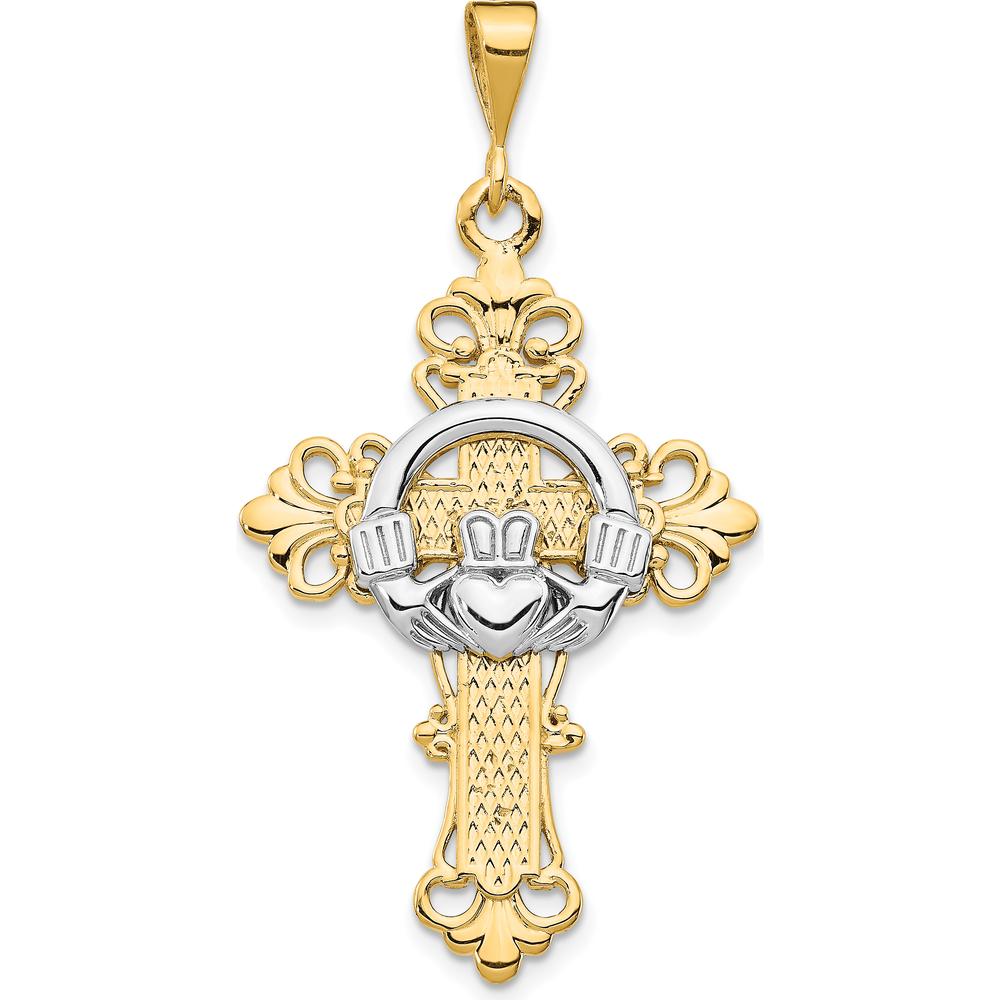 14K Two-Tone Gold Claddagh Cross Pendant with Polished Finish and Textured Back - 47mm Length by Oro Pregiato