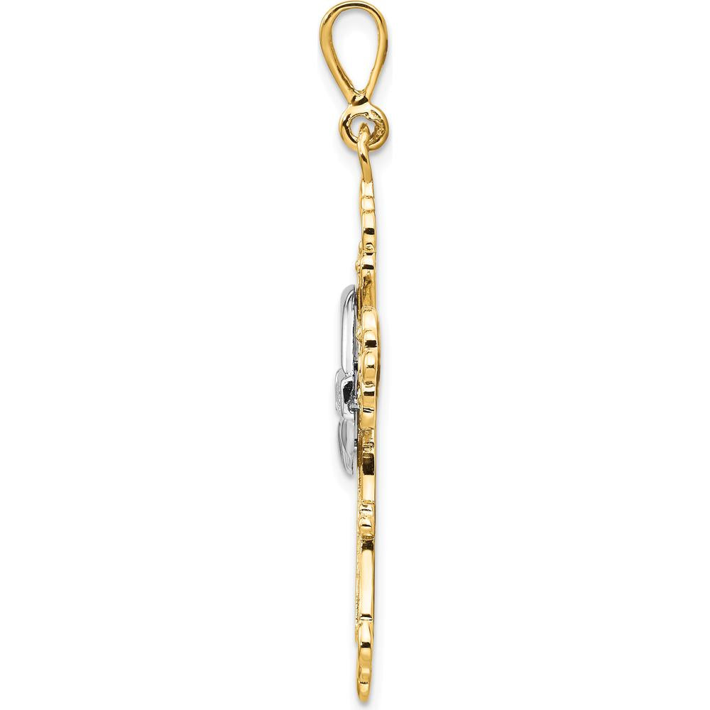 14K Two-Tone Gold Claddagh Cross Pendant with Polished Finish and Textured Back - 47mm Length by Oro Pregiato