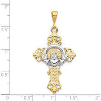 14K Two-Tone Gold Claddagh Cross Pendant with Polished Finish and Textured Back - 47mm Length by Oro Pregiato