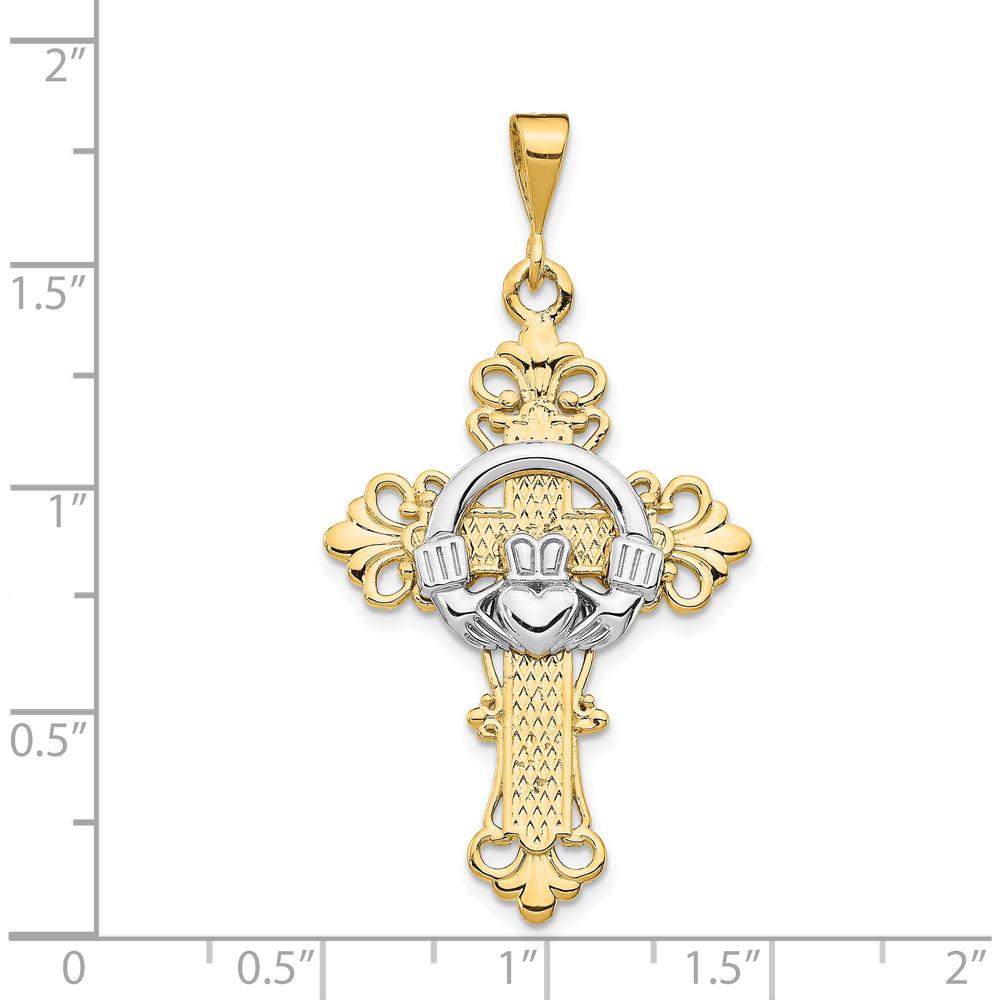 14K Two-Tone Gold Claddagh Cross Pendant with Polished Finish and Textured Back - 47mm Length by Oro Pregiato