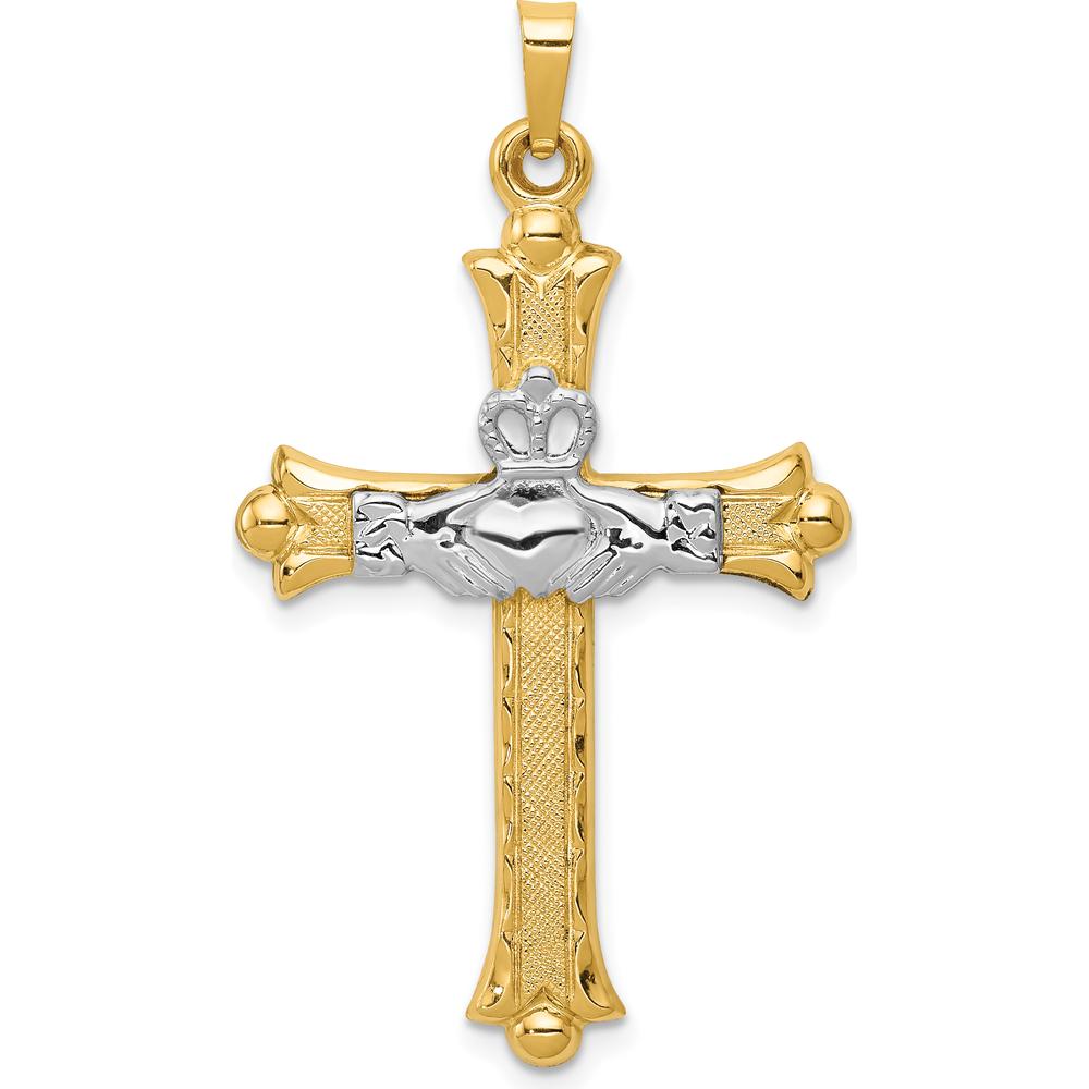 14K Two-Tone Gold Claddagh Cross Pendant with Textured Finish - 41mm Length by Oro Pregiato