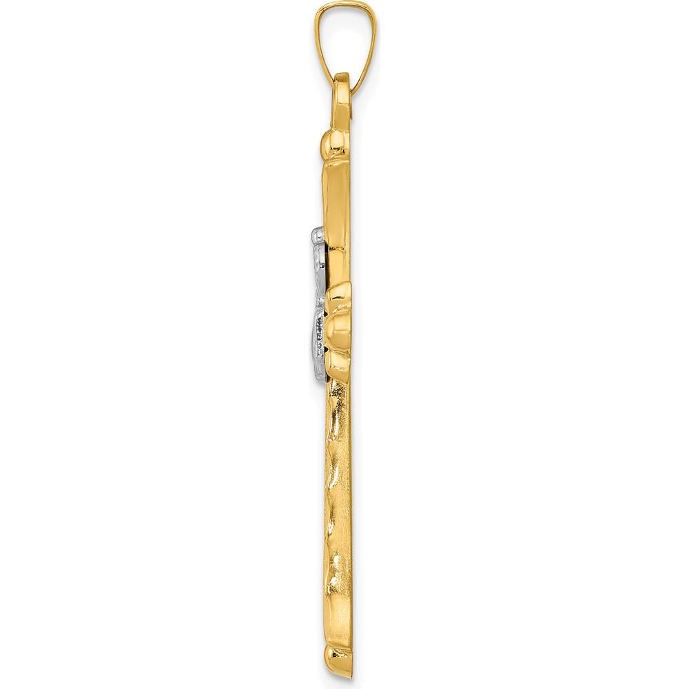 14K Two-Tone Gold Claddagh Cross Pendant with Textured Finish - 41mm Length by Oro Pregiato